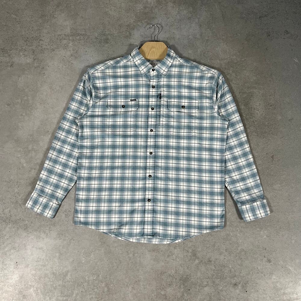 Poncho Outdoors Men's Large Blue Plaid Flannel Shirt Magnetic Pockets
